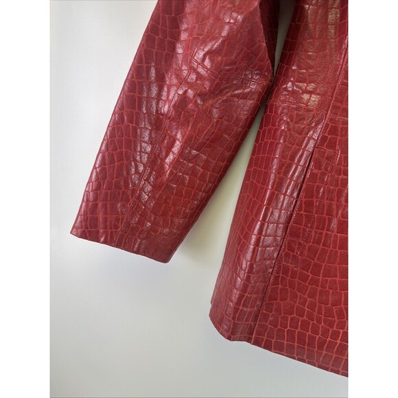 Dialogue Embossed Croc Red Leather Jacket Button Collared V-Neck Womens Medium - Picture 2 of 13